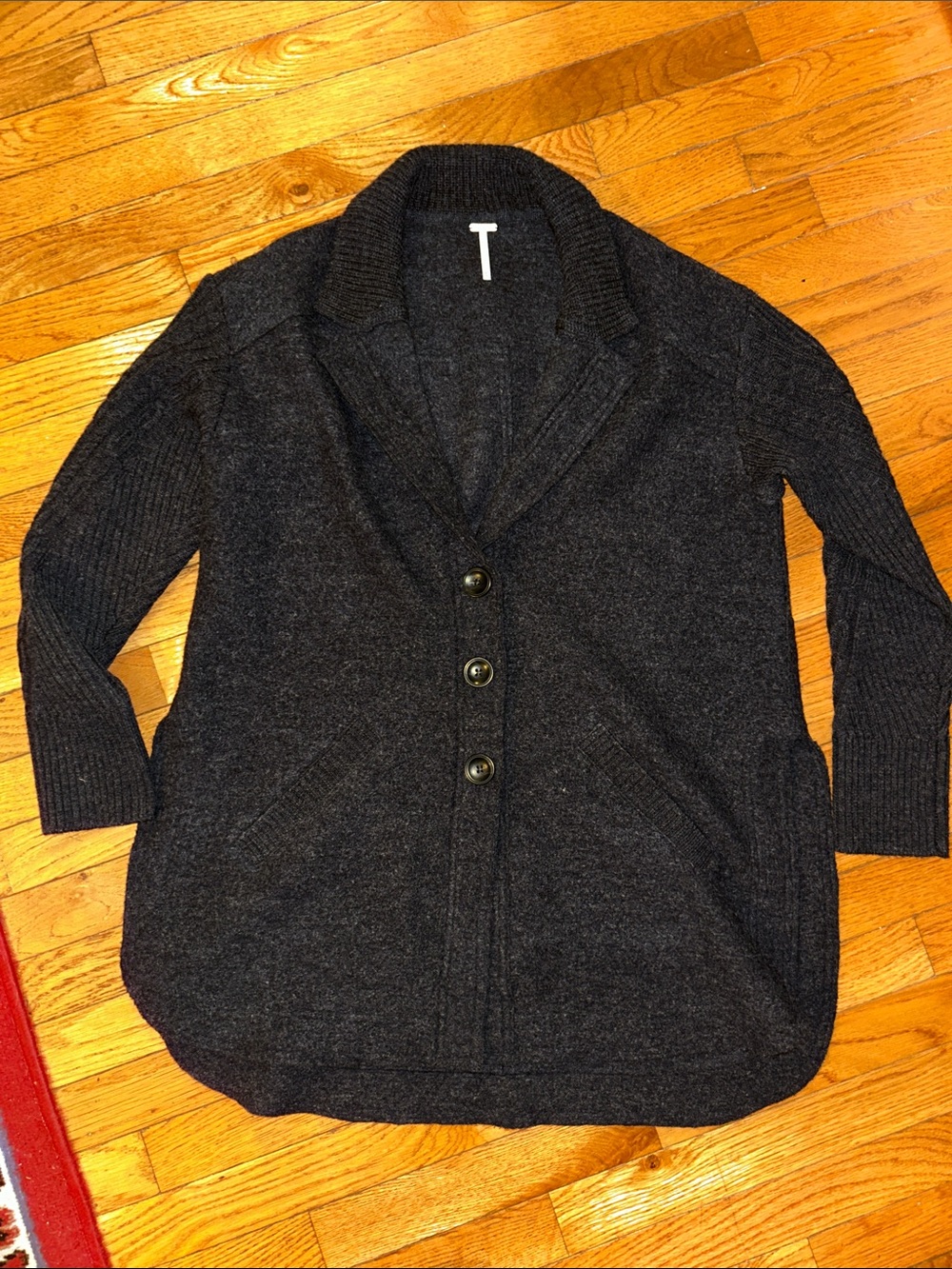 RARE!! FREE PEOPLE sz S 100% wool Charcoal Gray Shawl Collar Button Cardigan